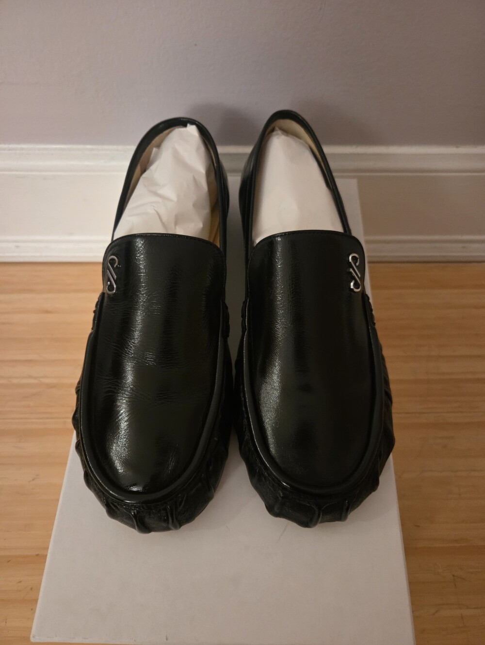 Womens Logo Black Leather Slip-On Loafers
